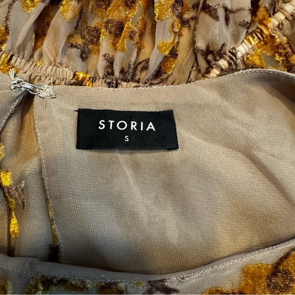Storia Women’s Lined Tan Velvet Burnout Floral Cinched Waist Peasant Blouse Sz S - Picture 7 of 10